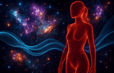 Rote, durchsichtige Figur vor einem weltraumähnlichen, galaktischen Hintergrund.