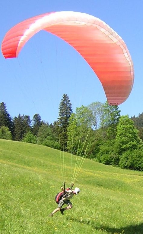 Gleitschirmflieger Anlaufende, Person mit Gleitschirm in einer grünen Wiese unter einem blauen Himmel welcher gerade am Starten ist.