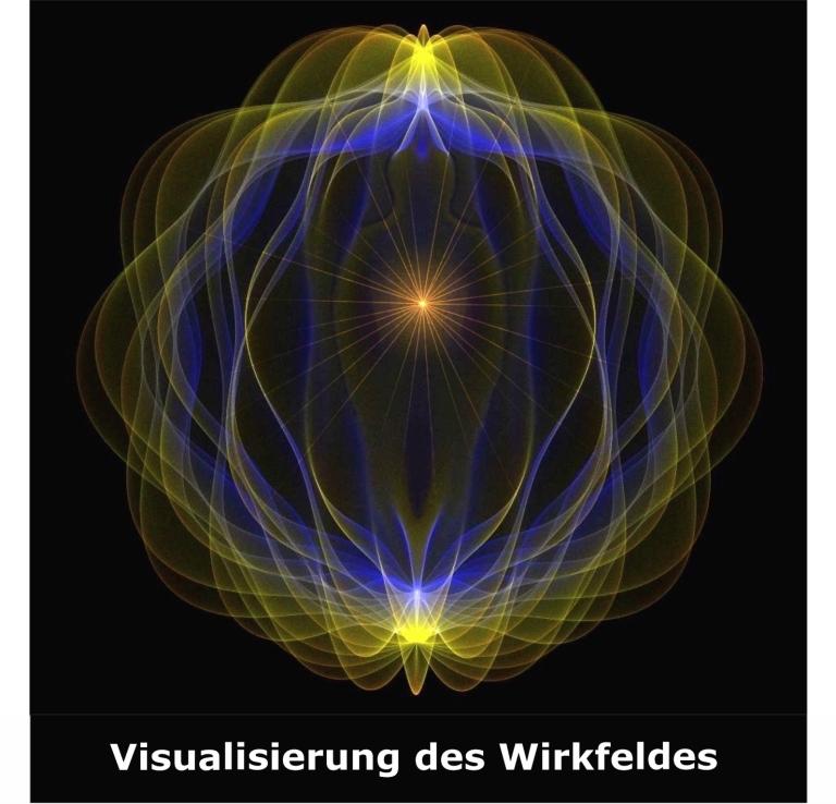 Bunte Wellenmuster auf schwarzem Hintergrund, die ein Wirkfeld visualisieren.